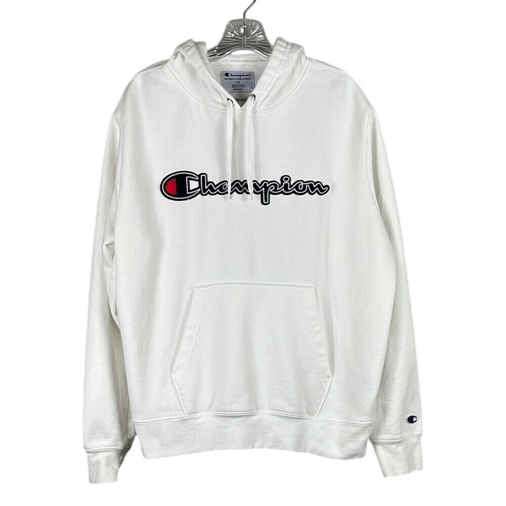Champion Long Sleeve Hoodie Sweatshirt Mens Size Large White Embroidered Logo